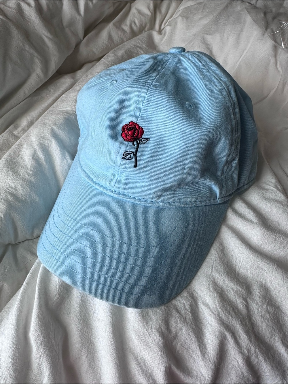 “I Only Date Beasts” Light Blue Baseball Cap with Embroidered Red Rose Disney